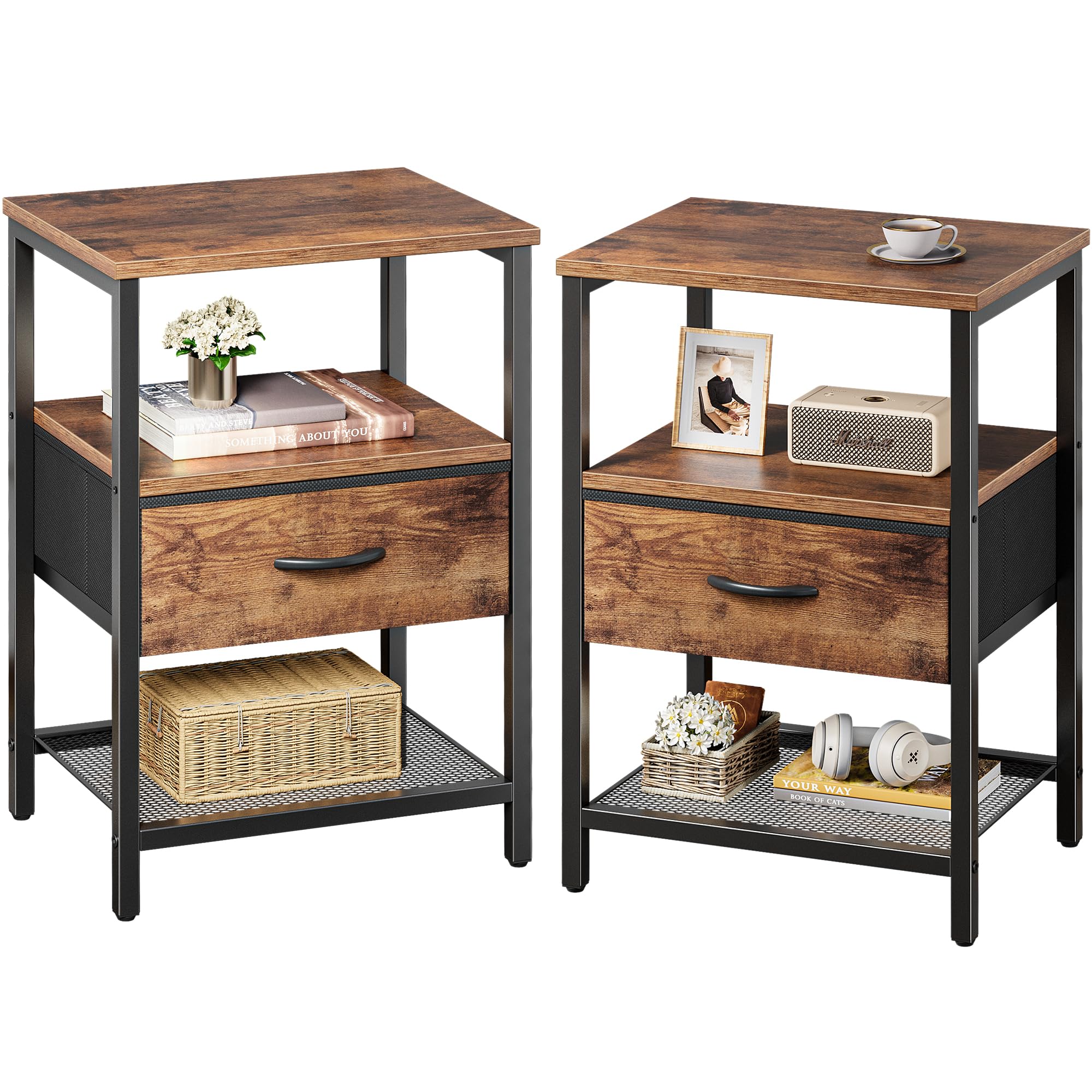 Huuger nightstand set 2 with fabric drawer for organized bedside storage