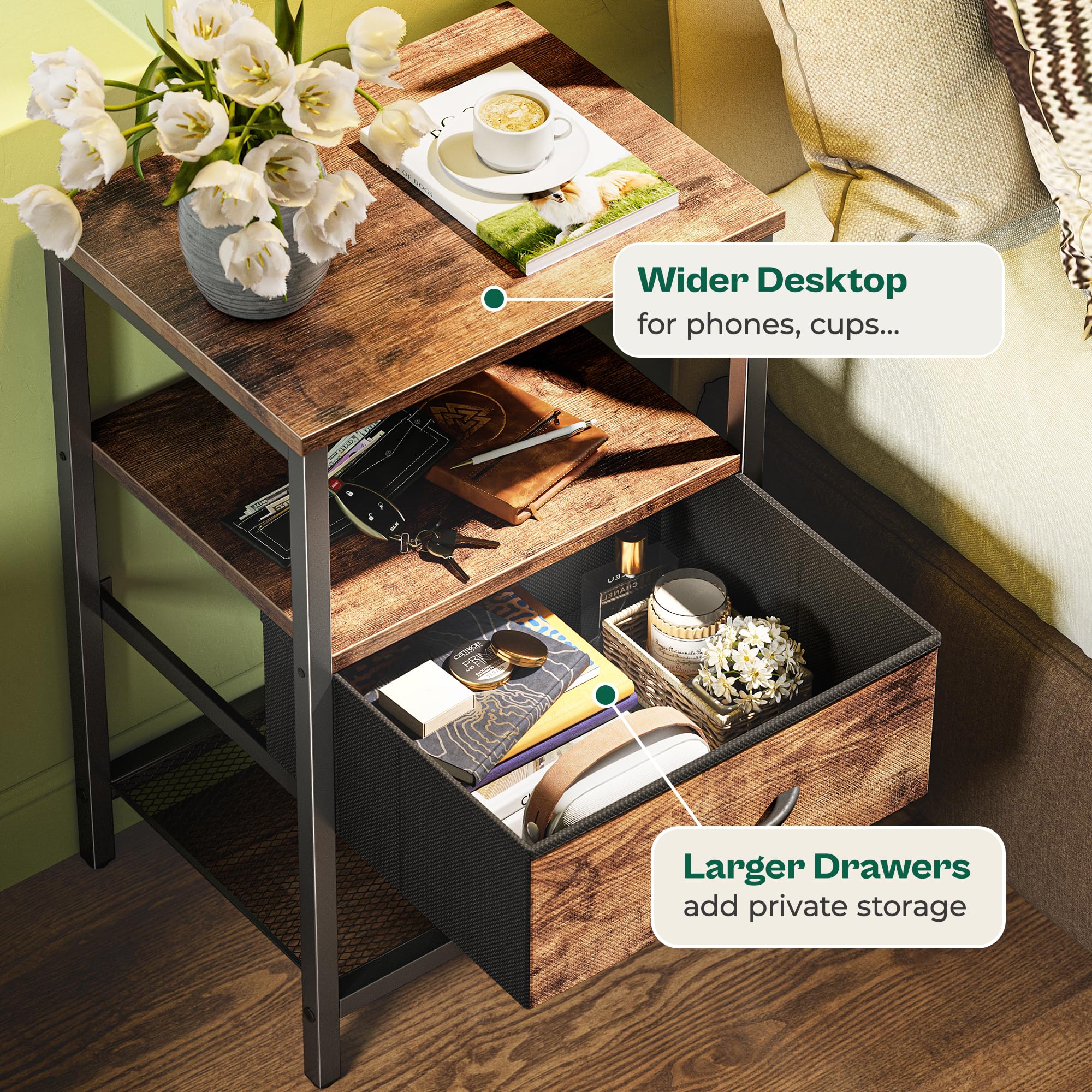 Huuger nightstand set 2 metal frame ensures durable, stable support
