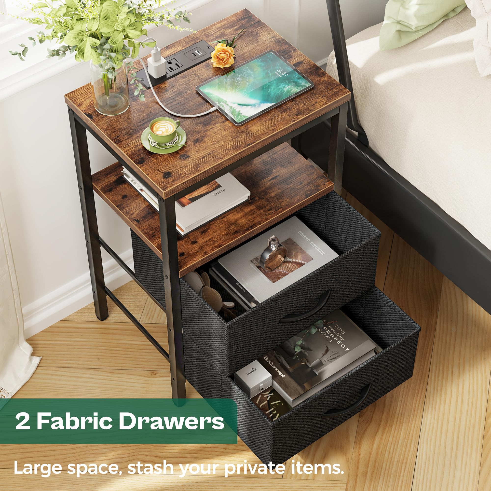 Huuger nightstand powder-coated steel frame close-up for durability