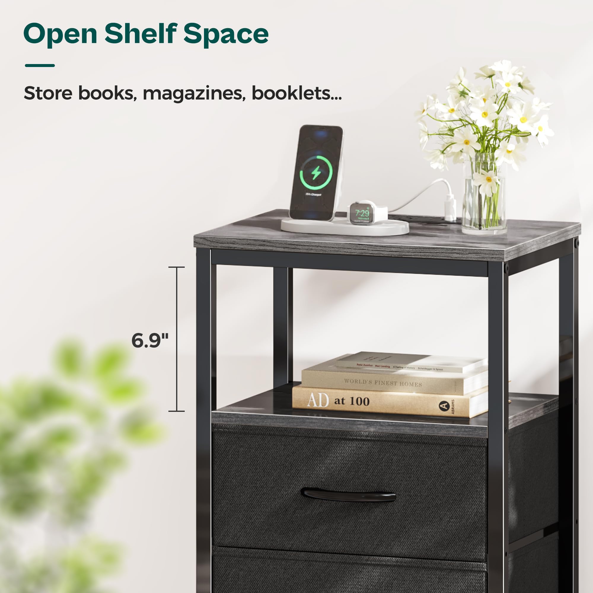 Huuger nightstand powder coated steel frame for durability.