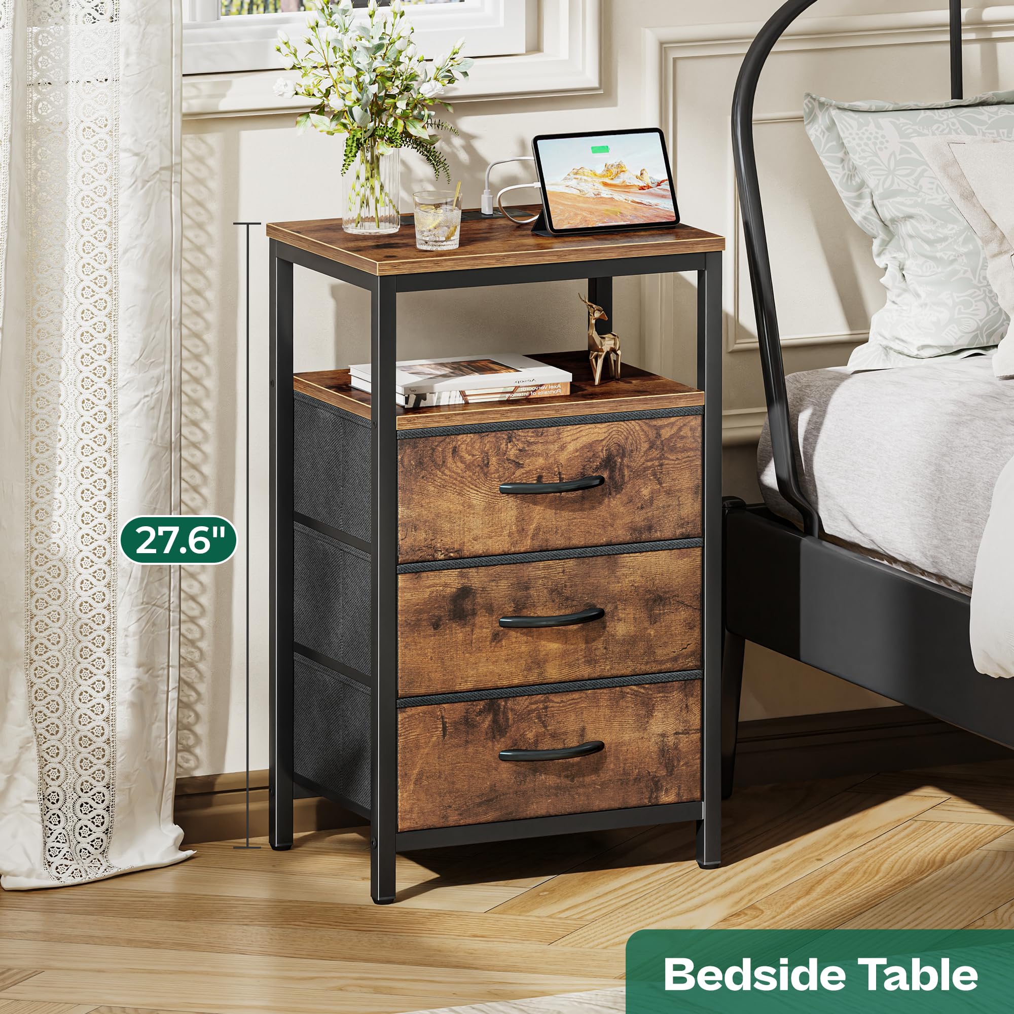 Huuger nightstand with three fabric drawers for organized storage