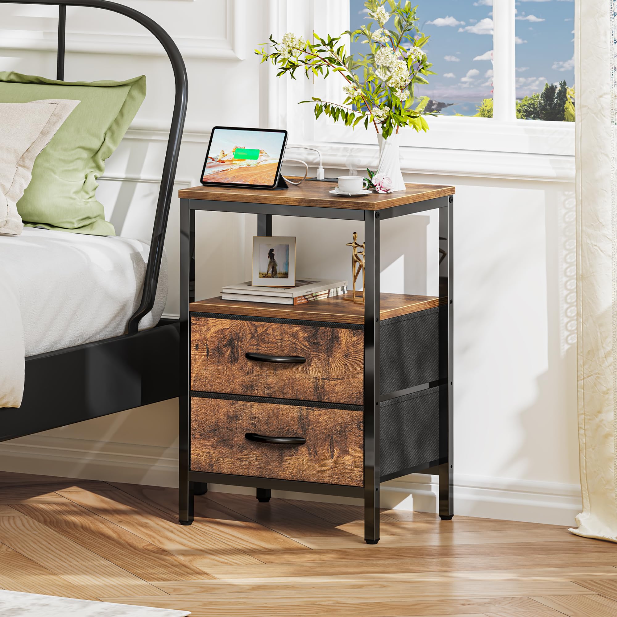 Huuger nightstand shows two fabric drawers for tidy bedside storage.