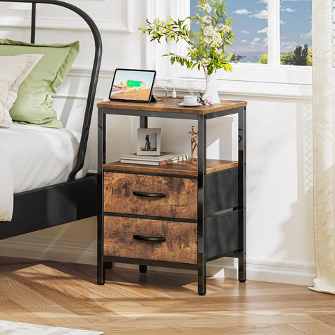 Huuger nightstand shows two fabric drawers for tidy bedside storage.