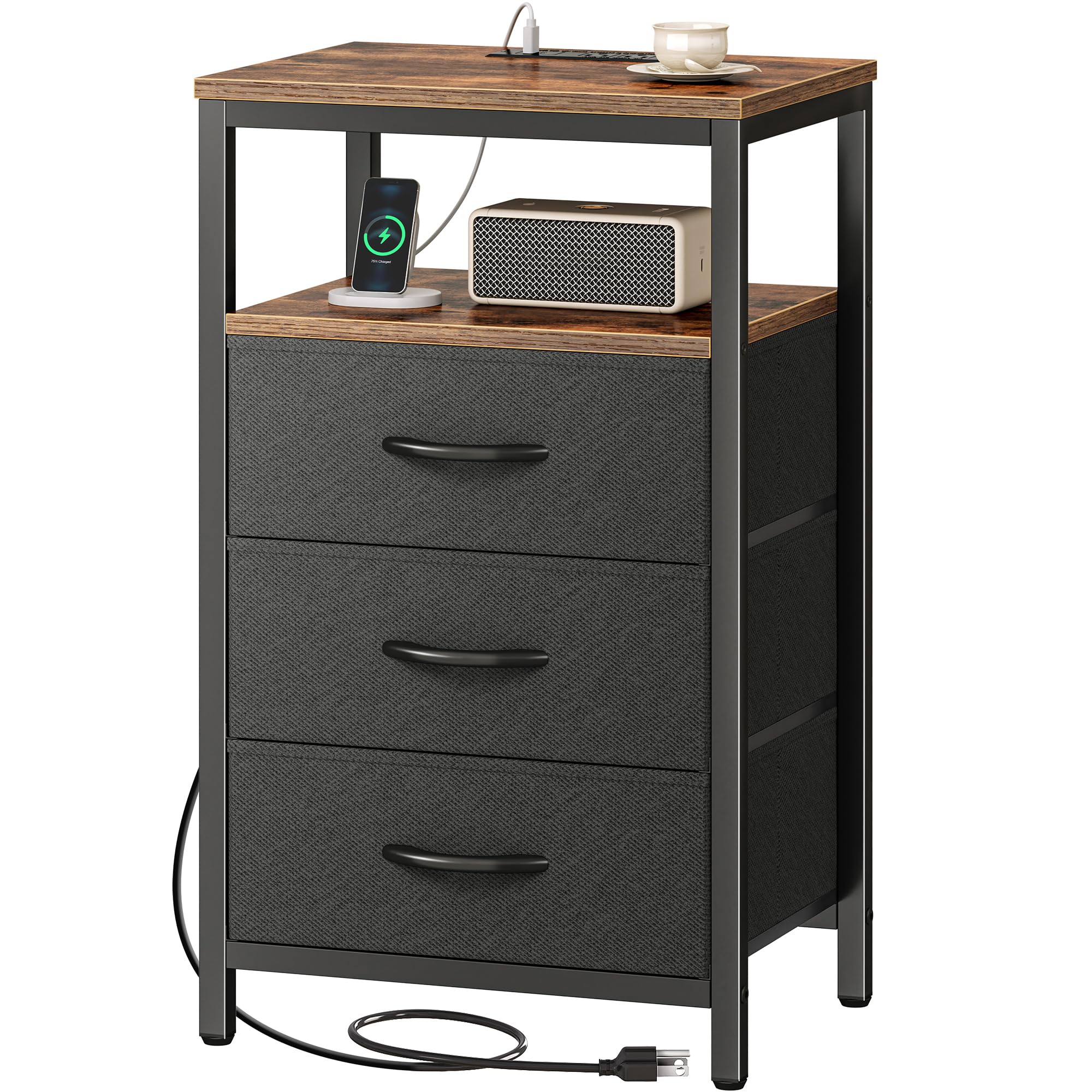 Huuger nightstand with outlets and drawer for convenient bedside charging.