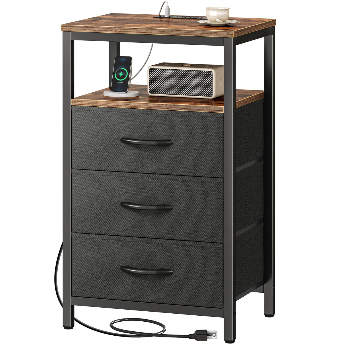 Huuger nightstand with outlets and drawer for convenient bedside charging.
