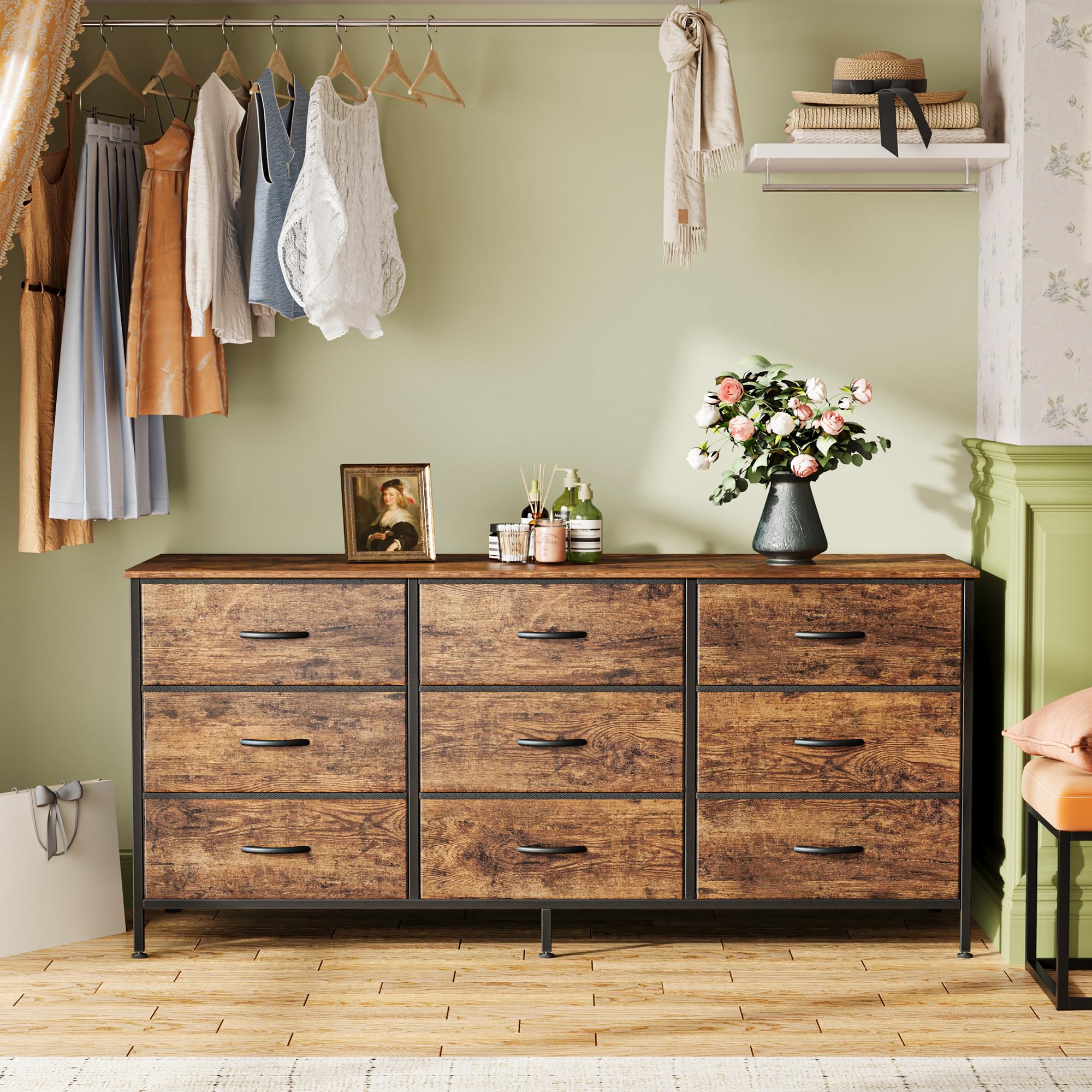 Huuger 9-drawer dresser front view shows deep fabric drawers ideal for clothing and small items.