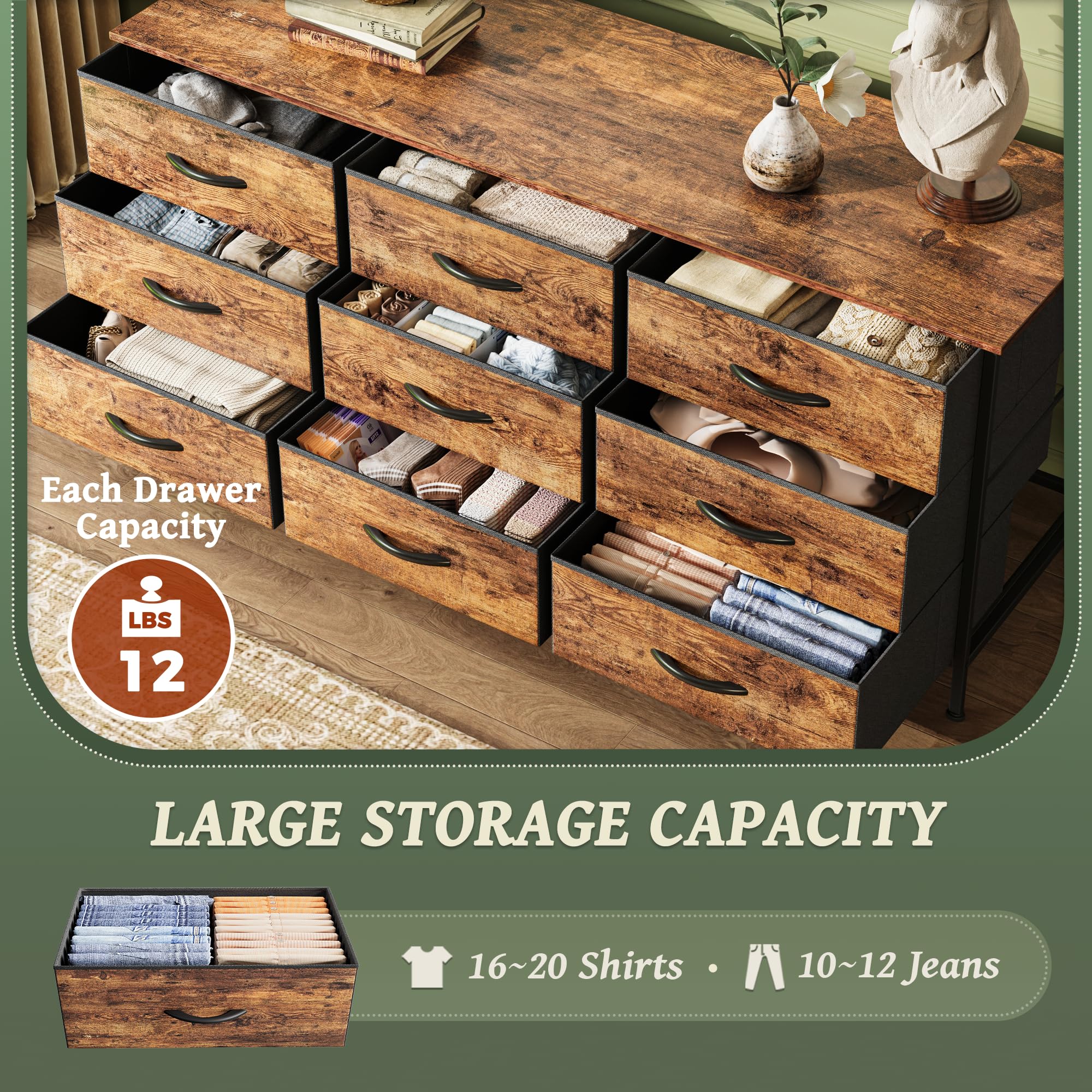 Huuger 9-drawer dresser top supports up to 55-inch TVs securely.