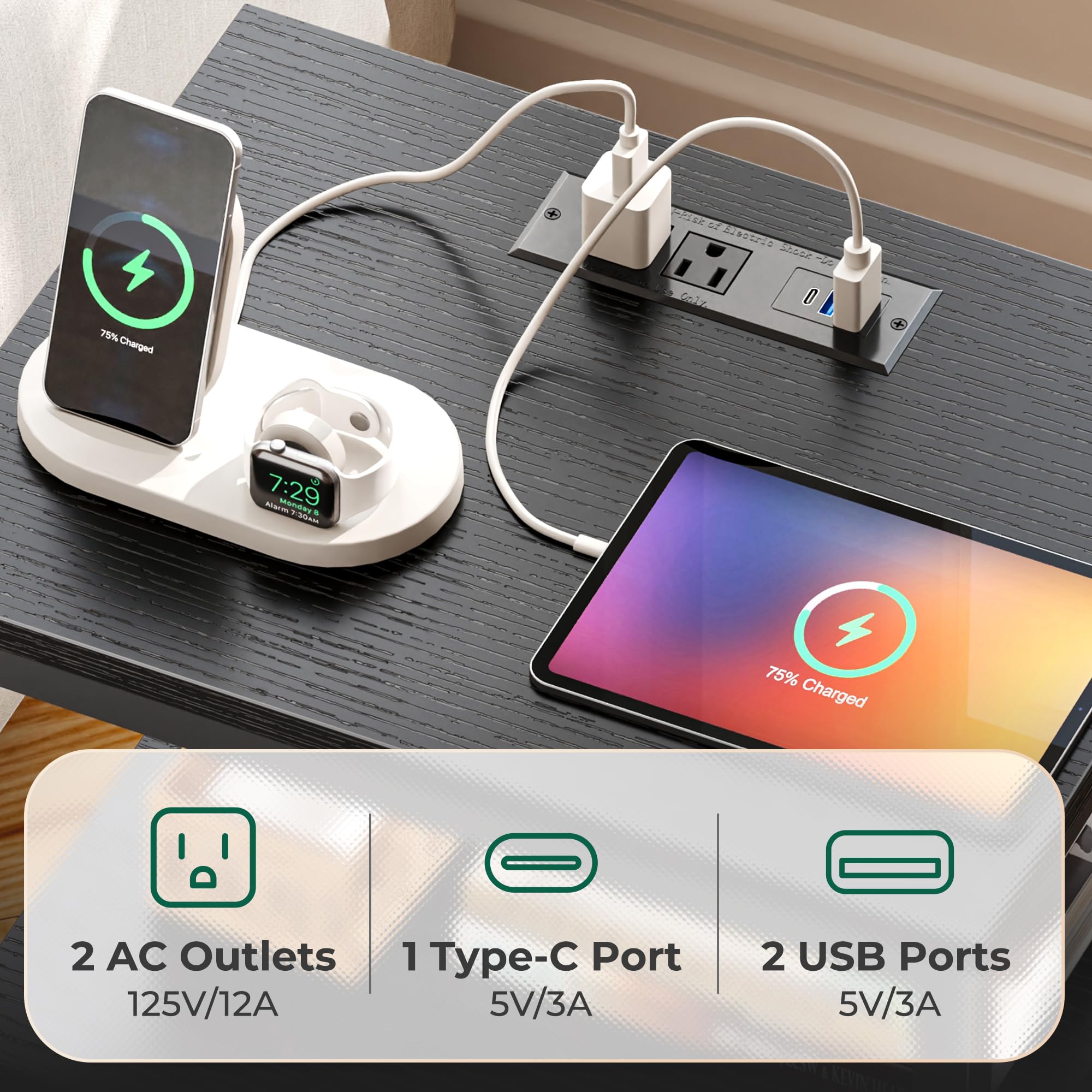 Open shelf view showing easy access to remotes and essentials