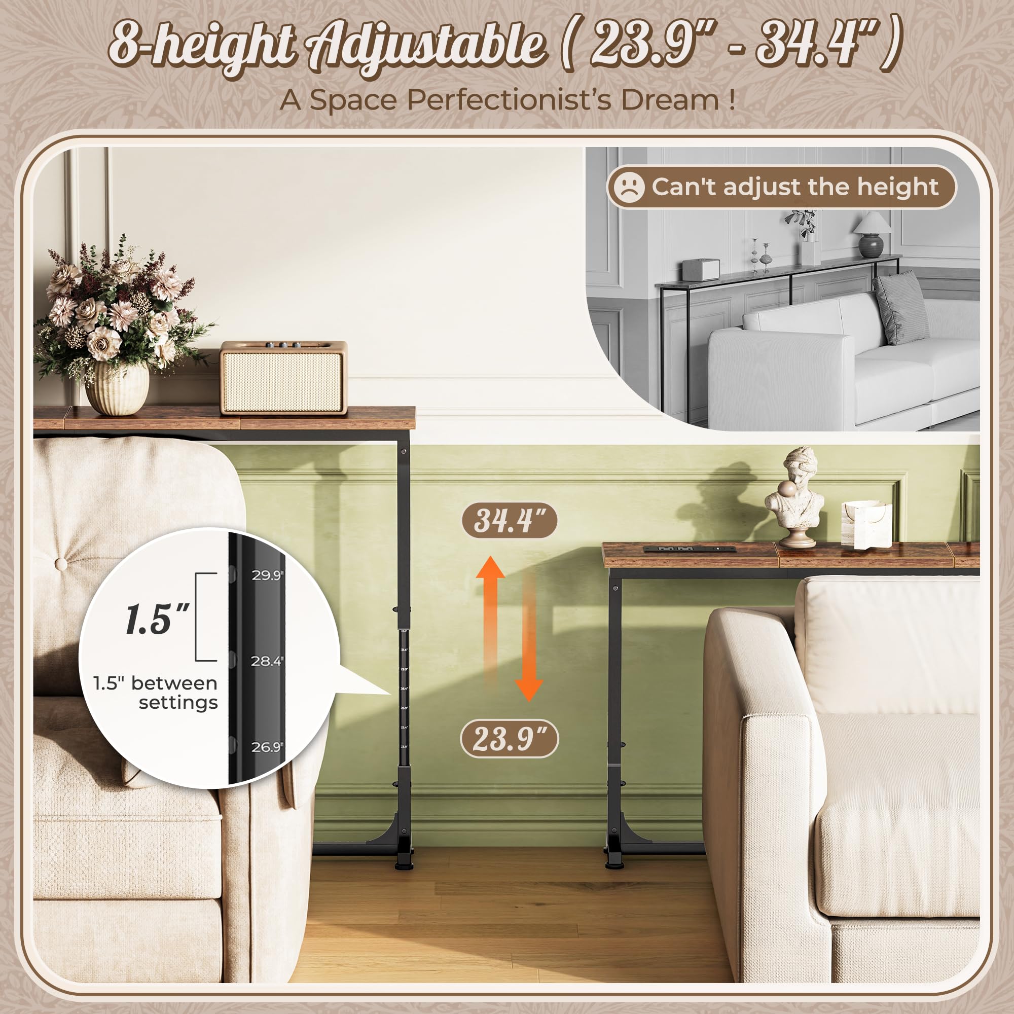 Slim profile of Huuger behind-couch table fits tight gaps behind seating.