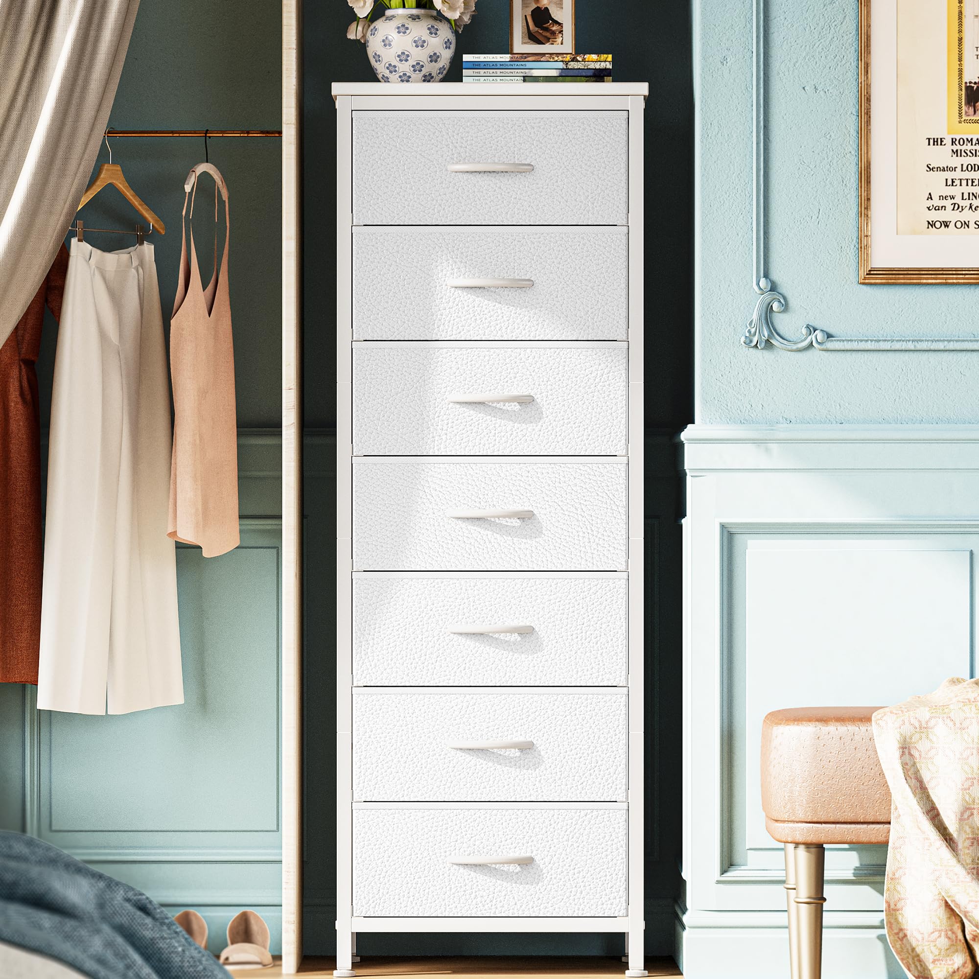 Huuger tall dresser with seven white fabric drawers keeps bedroom storage tidy.