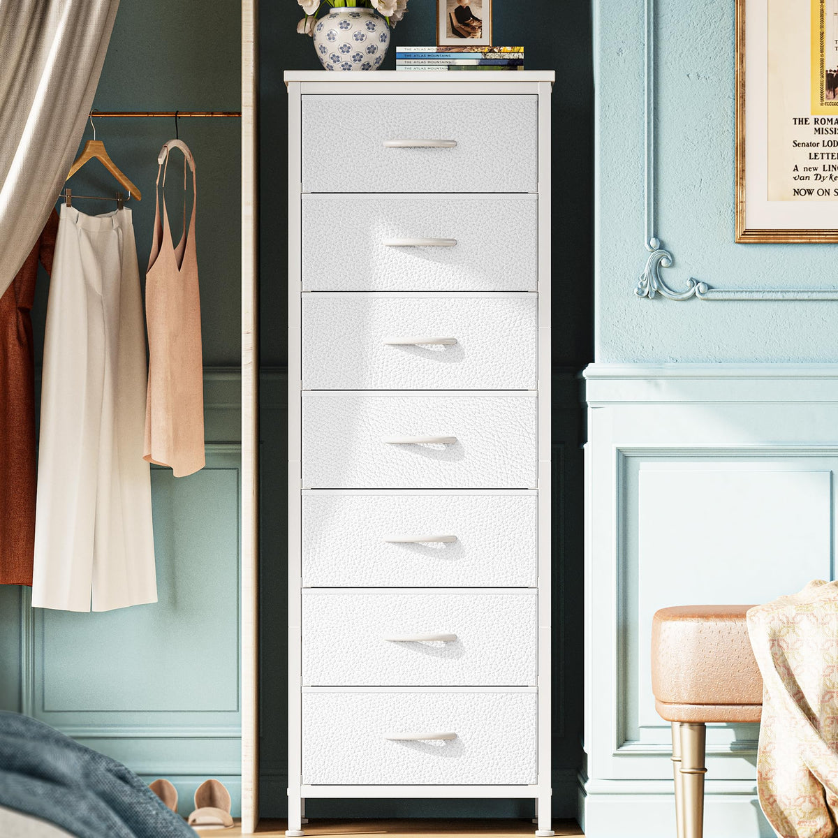 Huuger tall dresser with seven white fabric drawers keeps bedroom storage tidy.