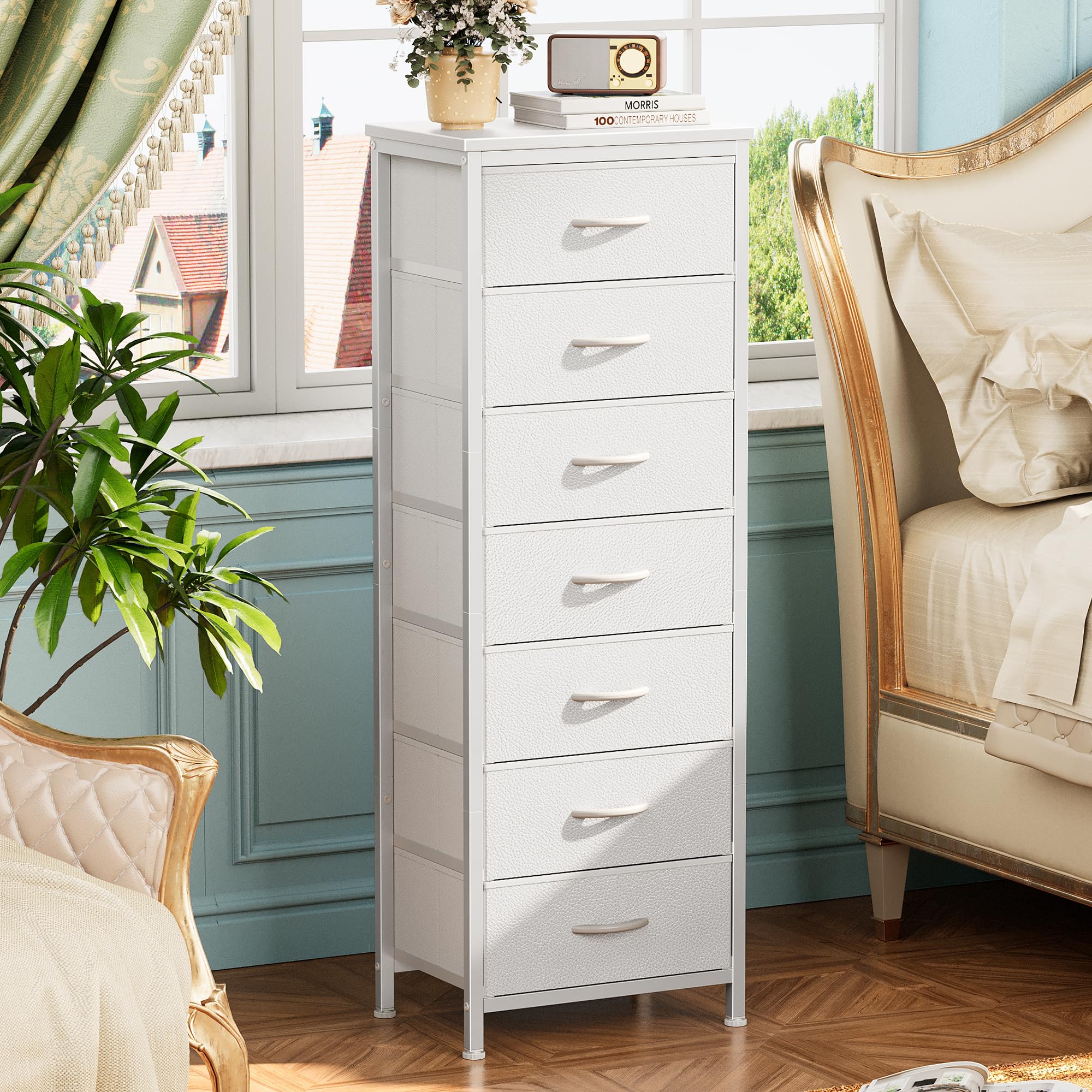Huuger tall dresser features a metal frame and legs for durable support.