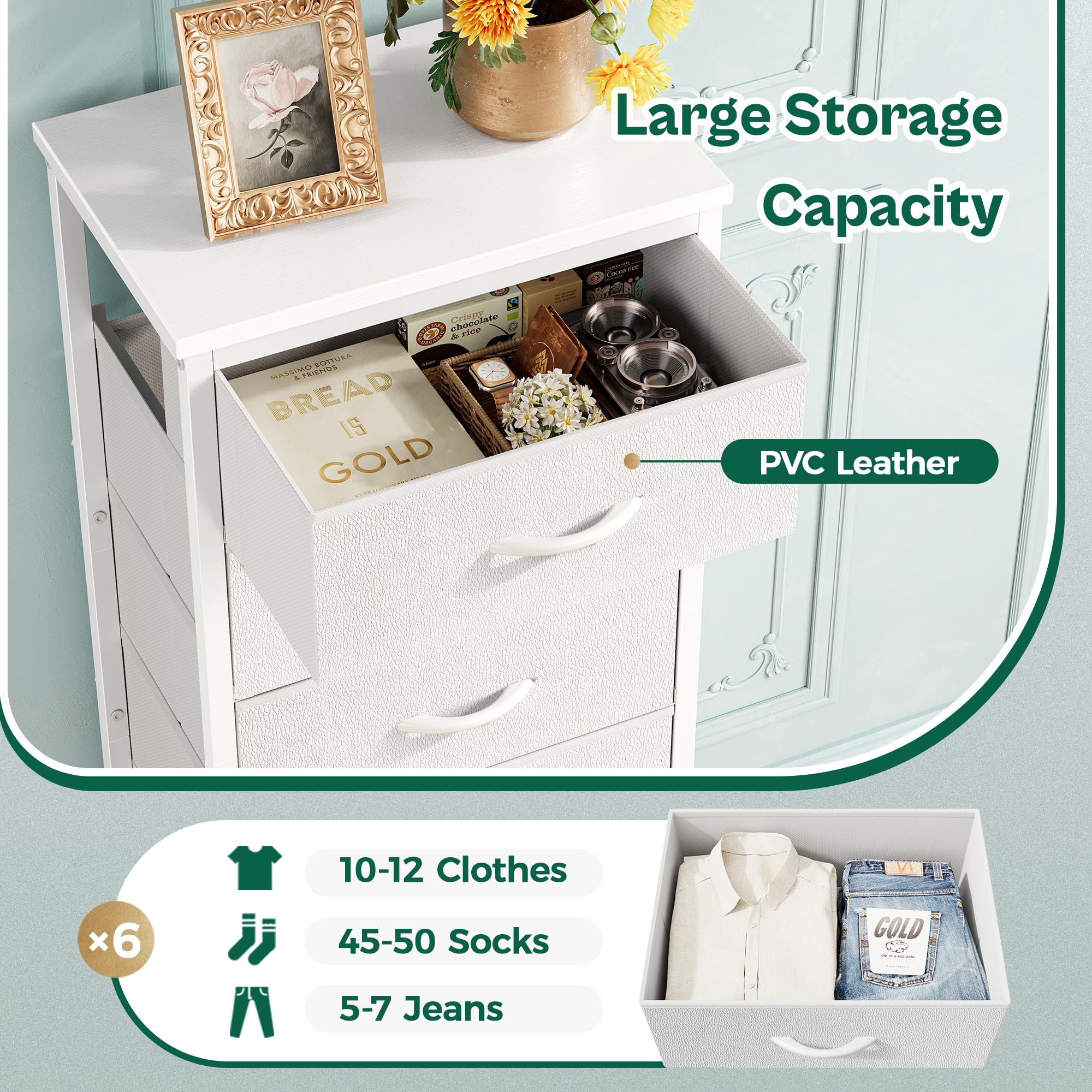 Huuger tall dresser with white PU leather drawers adds modern look.