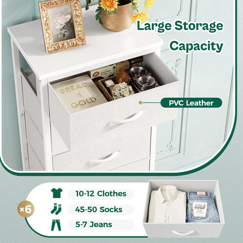Huuger tall dresser with white PU leather drawers adds modern look.