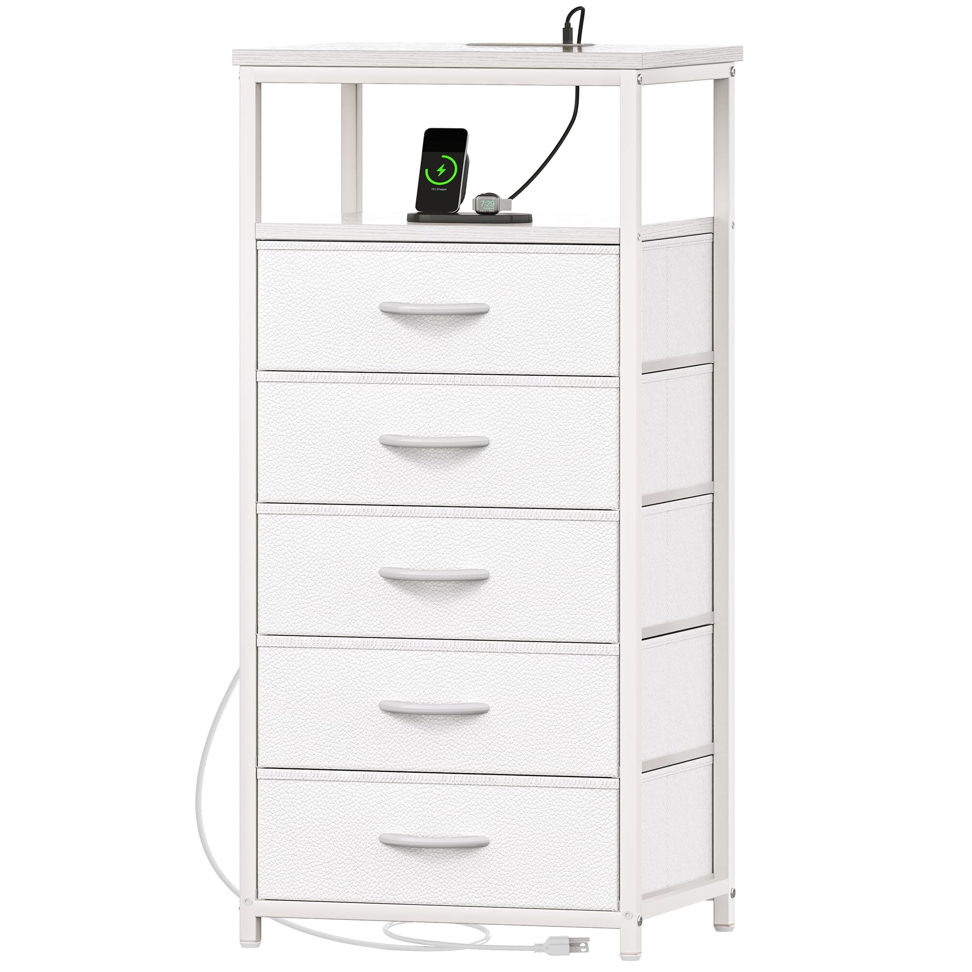 Huuger white dresser with five drawers and charging station for organized storage.
