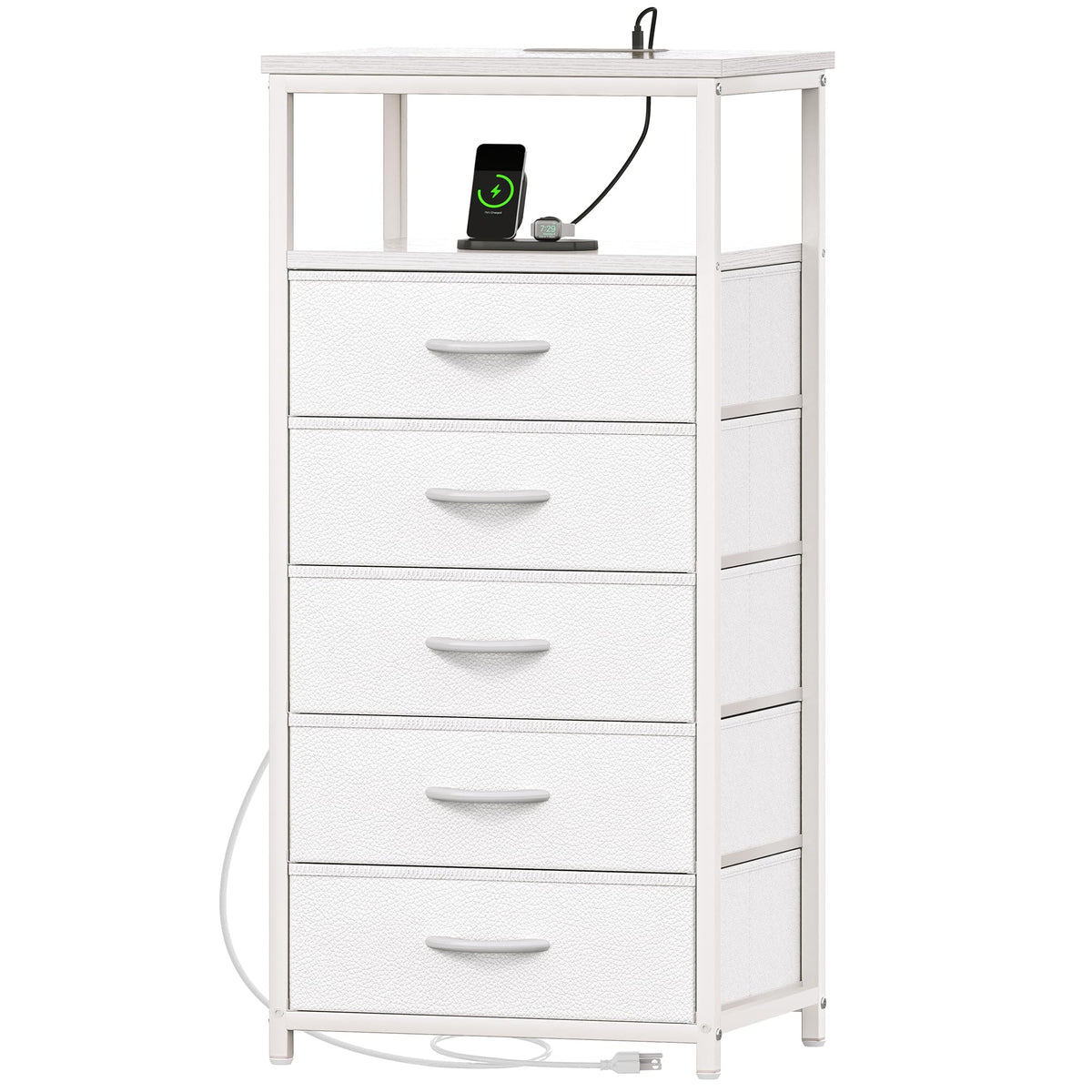 Huuger white dresser with five drawers and charging station for organized storage.