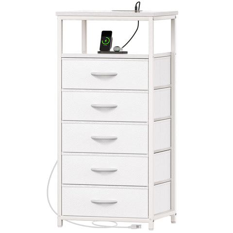 Huuger white dresser with five drawers and charging station for organized storage.