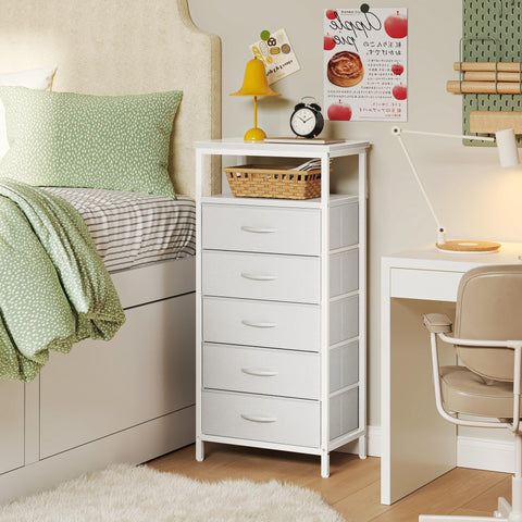 Huuger dresser top with USB outlets keeps devices charged within reach.