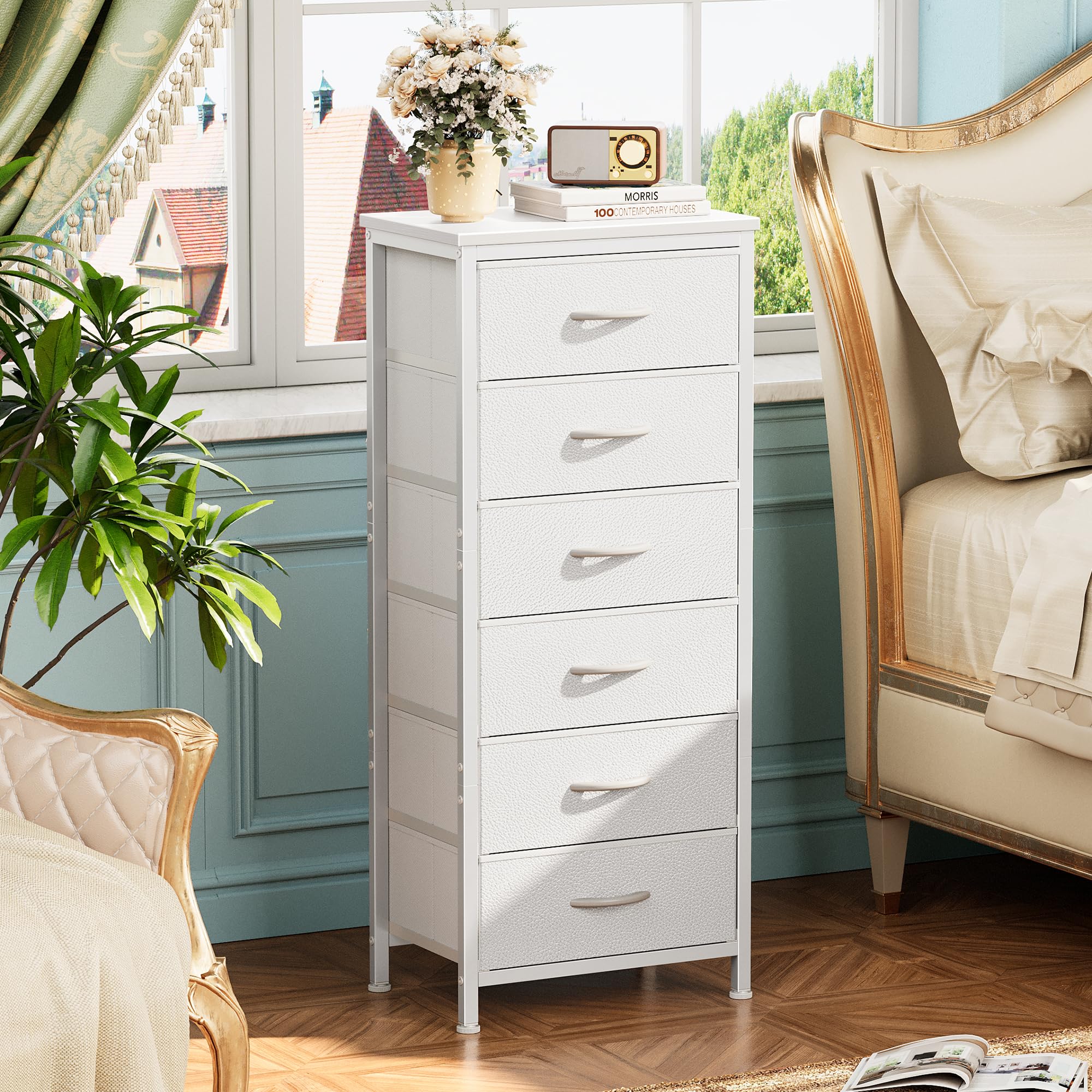 Huuger white metal frame dresser close-up shows modern design.