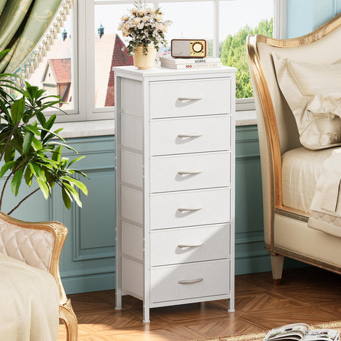 Huuger white metal frame dresser close-up shows modern design.