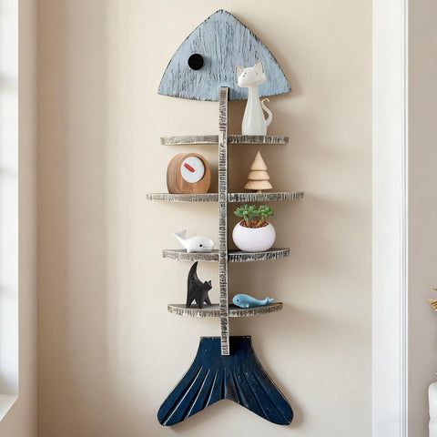 Huulmood wooden fish wall shelf adds coastal display space for small items.