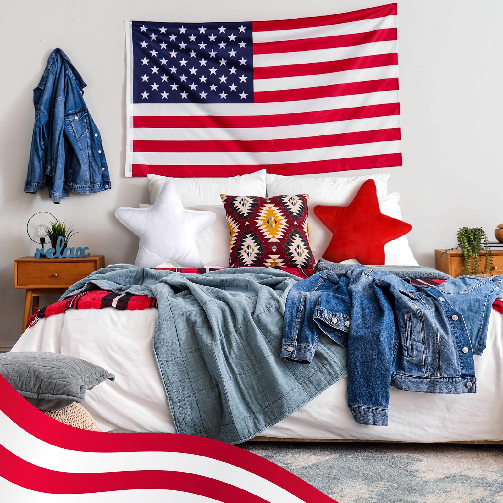 Huwena red white blue star pillow enhances living room ambiance.