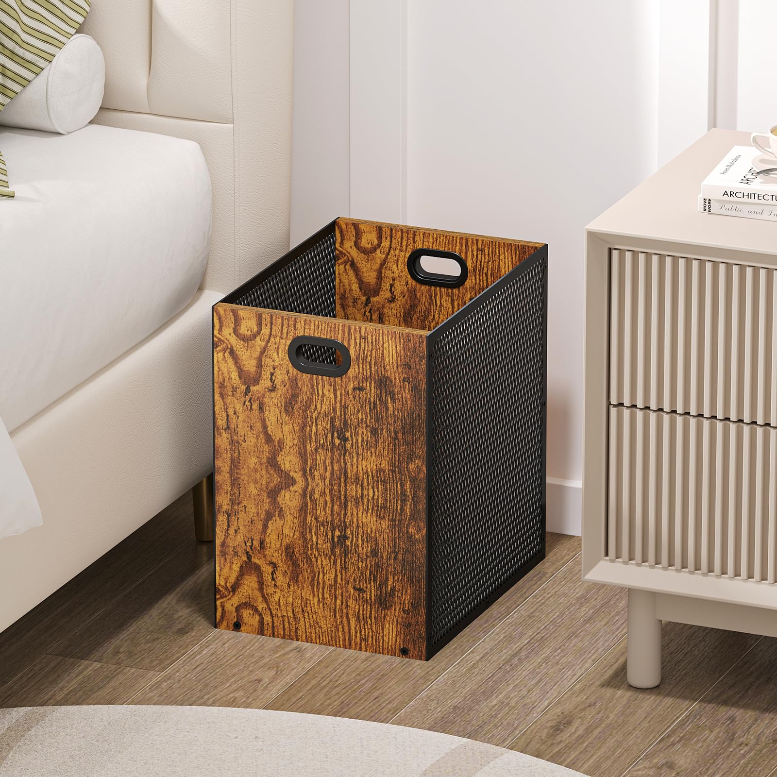 Huxitocan bedroom trash can with wood panel complements decor.