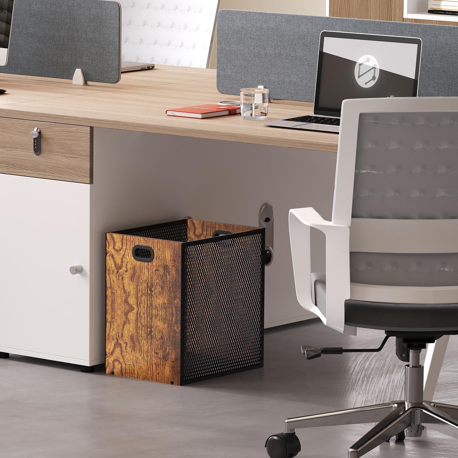 Huxitocan desk trash can fits small workspaces and desks.