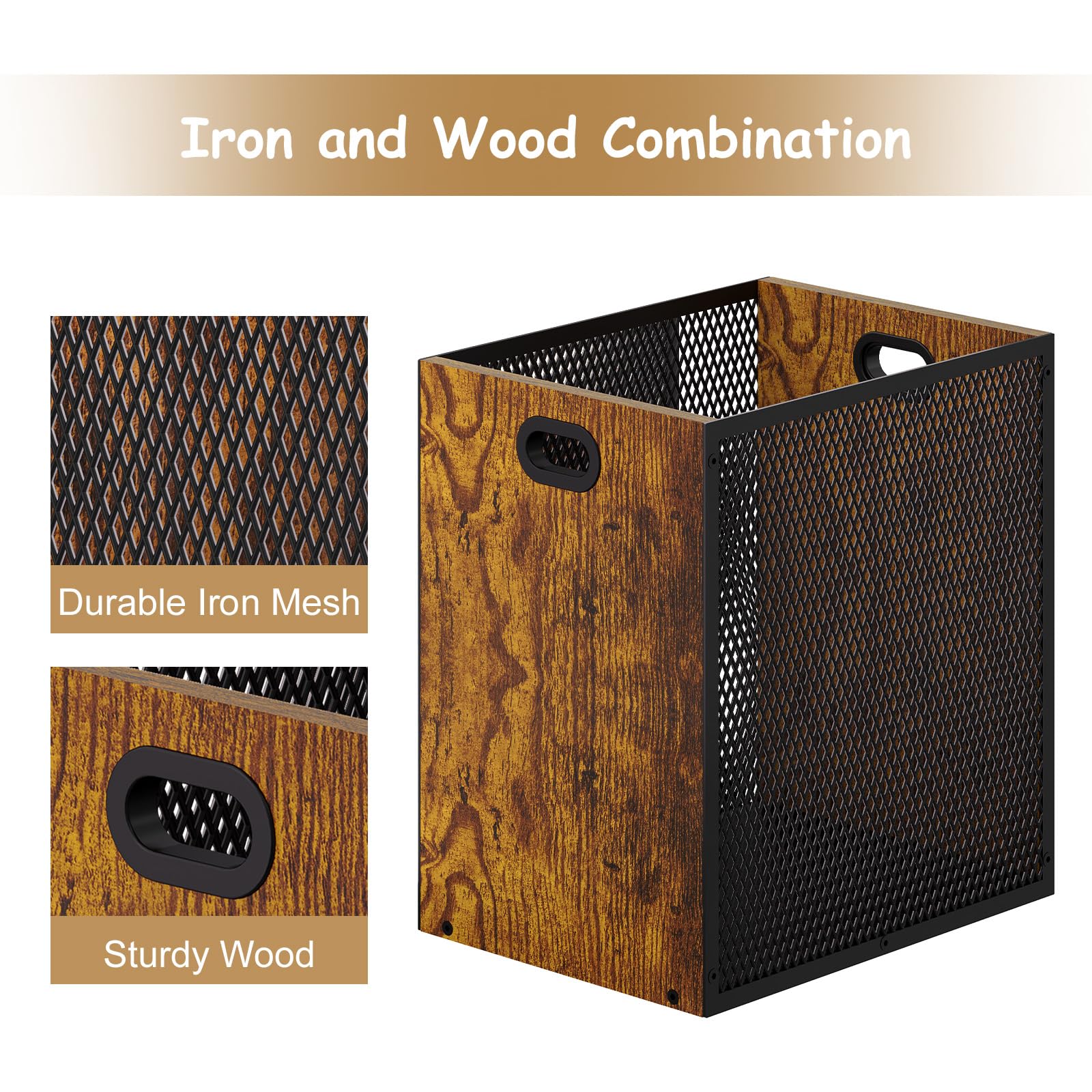 Huxitocan iron-wood combo trash can highlights robust materials for long-lasting use.