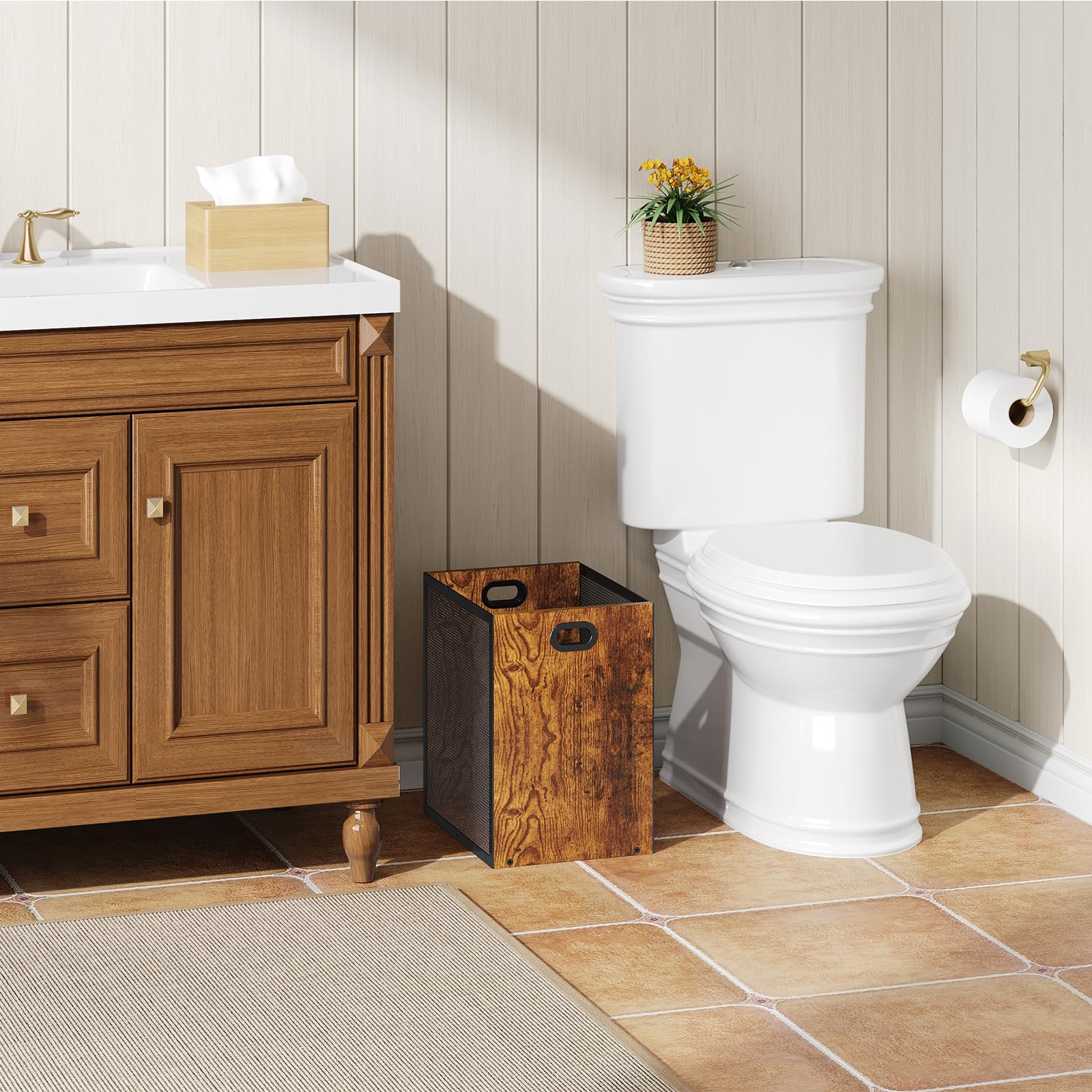 Huxitocan Retro Trash Can cleans easily to maintain a tidy workspace.