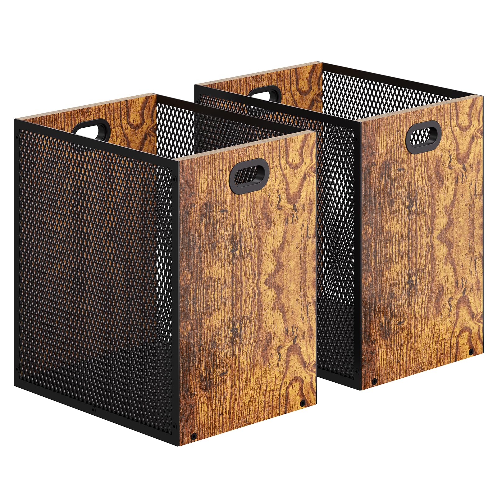 Huxitocan retro office trash can front view shows sturdy iron and wood design.