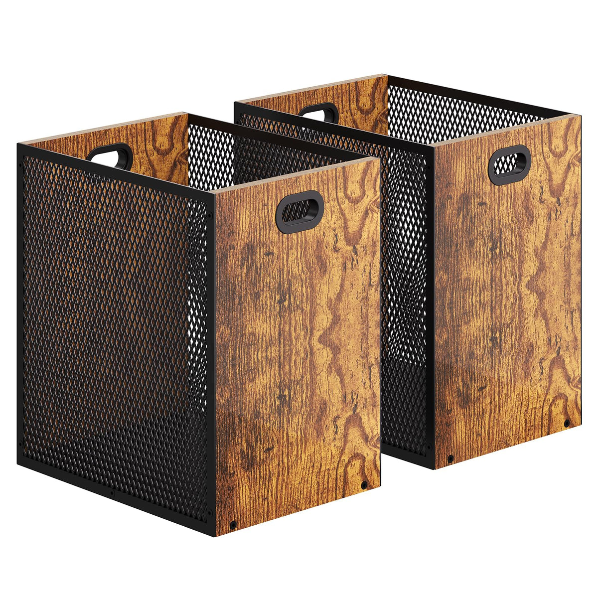 Huxitocan retro office trash can front view shows sturdy iron and wood design.