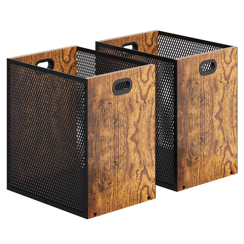 Huxitocan retro office trash can front view shows sturdy iron and wood design.