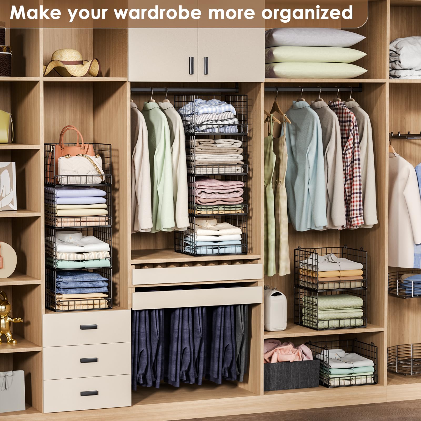 Huxitocan space-saving wardrobe solution keeps pants, shirts, and toys neatly arranged.