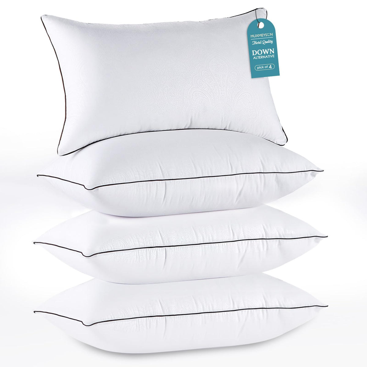 Huxmeyson 4-piece pillow set packaging highlights premium hotel-grade comfort