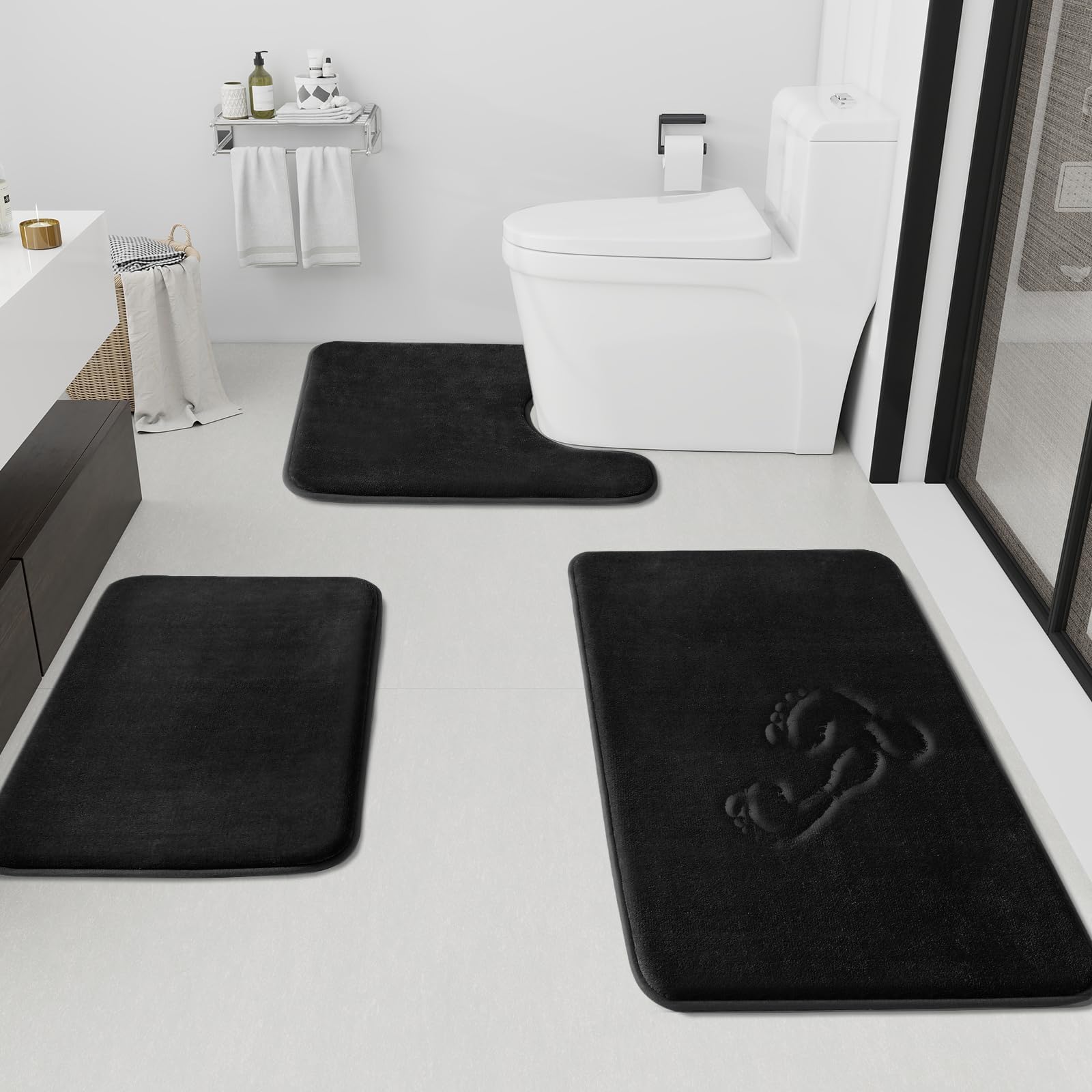 HUXMEYSON 3-piece bath mat set in plush velvet for a luxurious bathroom upgrade