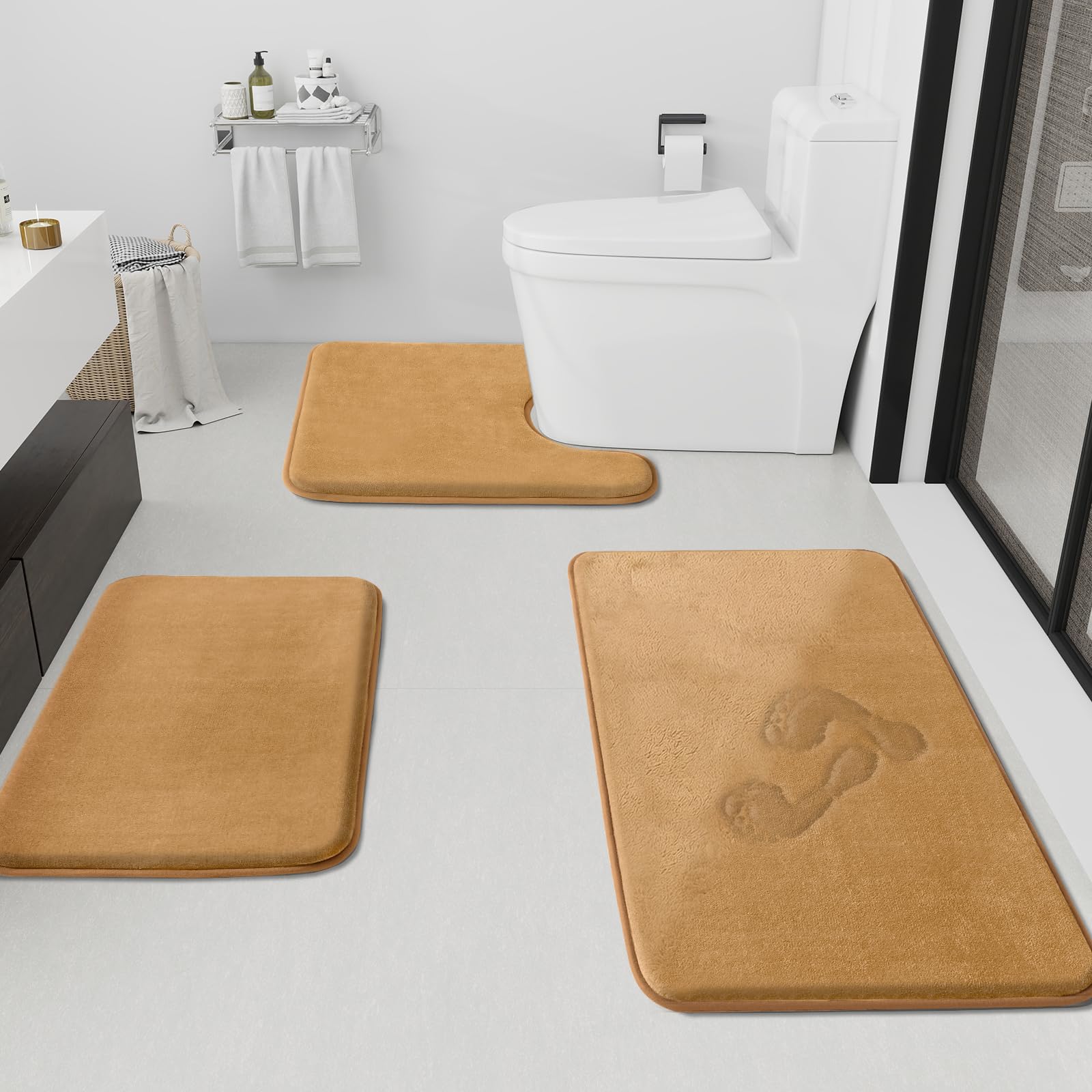 HUXMEYSON three-piece bath rug set in khaki adds soft comfort to your bathroom décor.