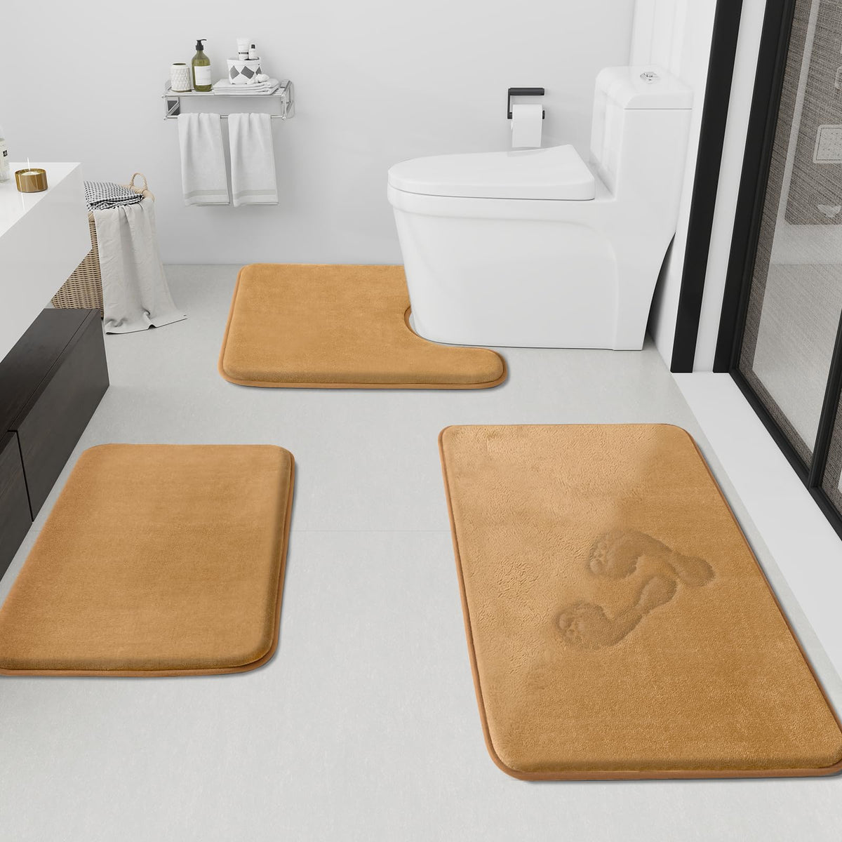 HUXMEYSON three-piece bath rug set in khaki adds soft comfort to your bathroom décor.