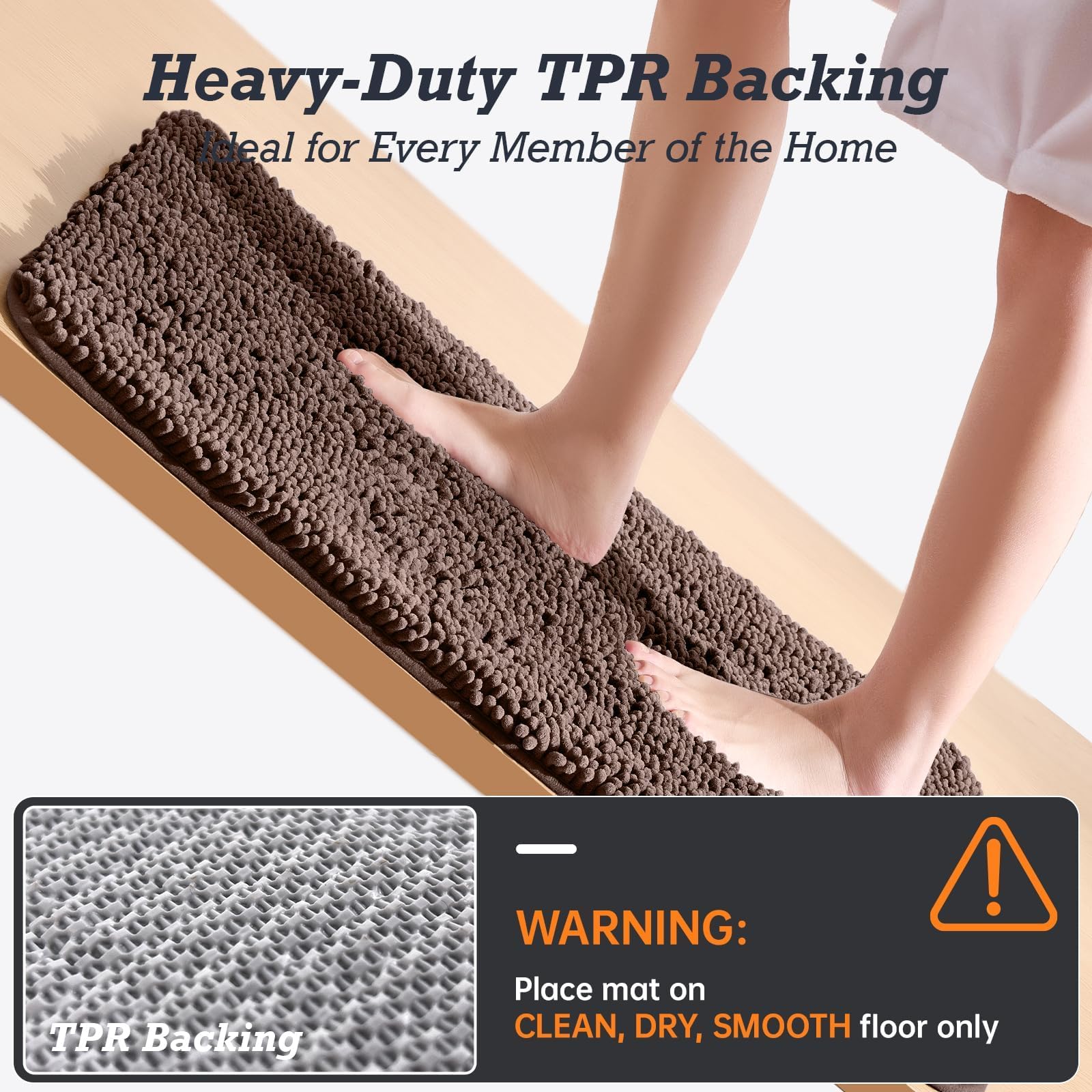 800gsm TPR backing keeps mats in place on clean, dry floors.