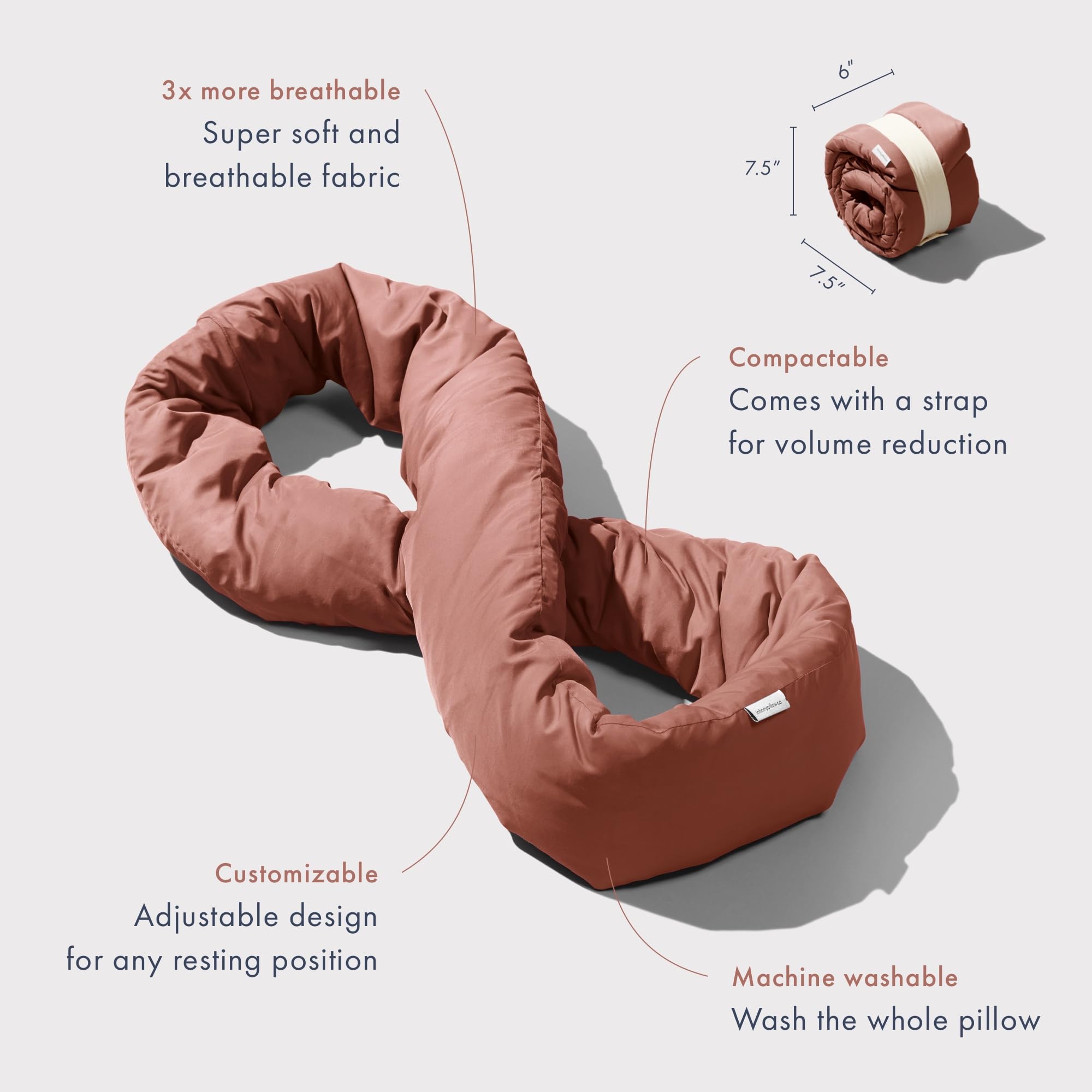 Huzi Infinity Pillow uses breathable rayon from bamboo for cool, plush sleep.