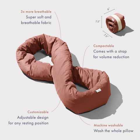 Huzi Infinity Pillow uses breathable rayon from bamboo for cool, plush sleep.