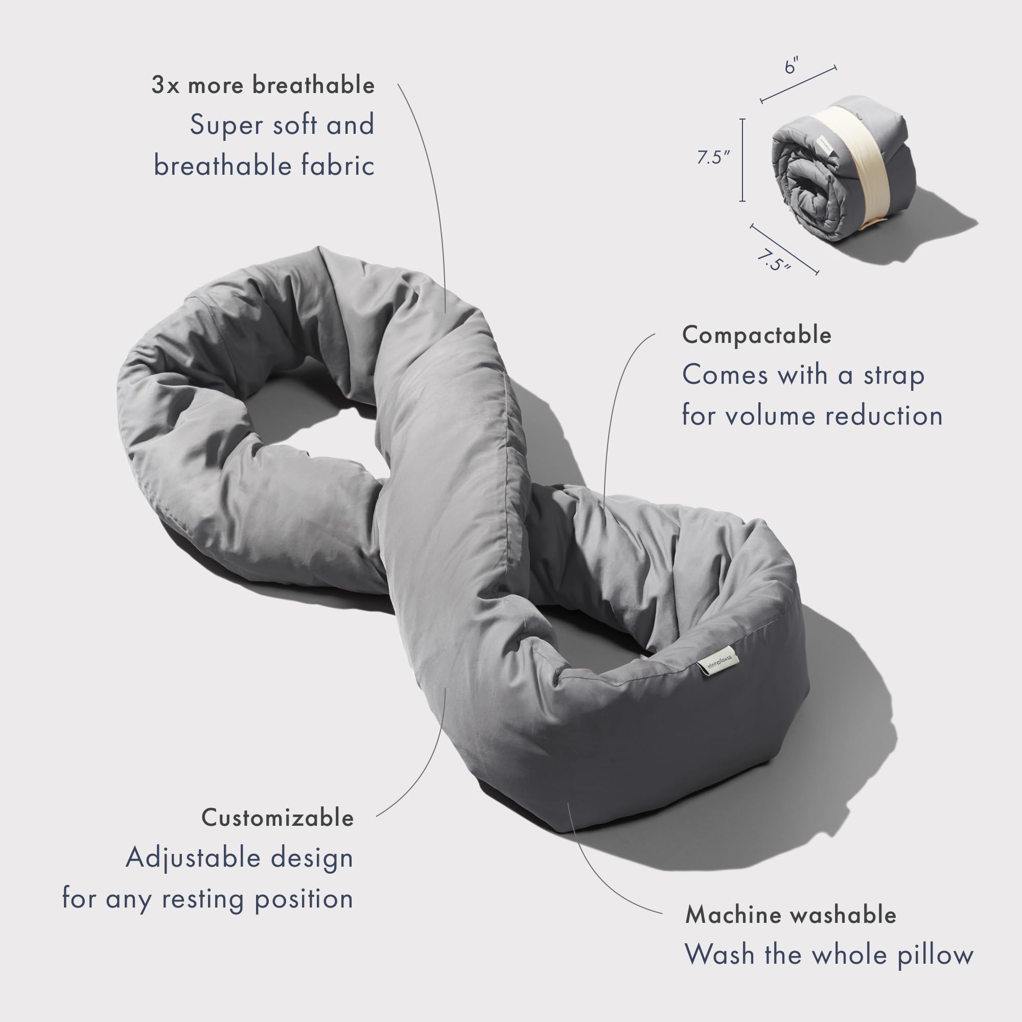 Huzi Infinity Pillow adjustable design personalizes neck and head positioning.