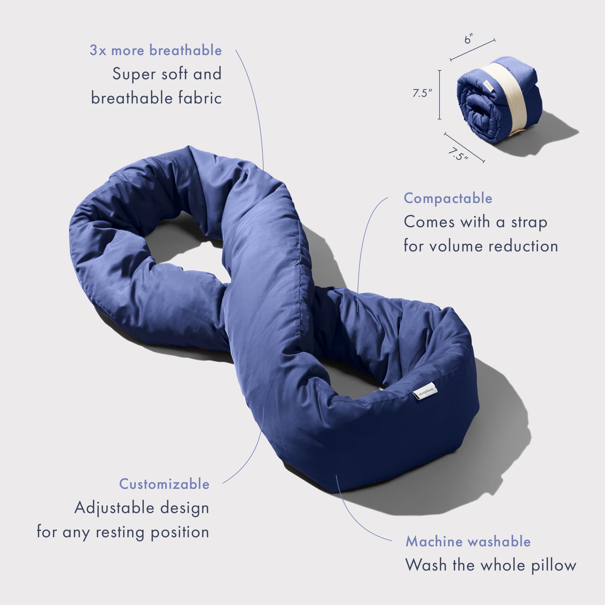 Huzi Infinity Pillow navy folded for storage demonstrates compact packing.