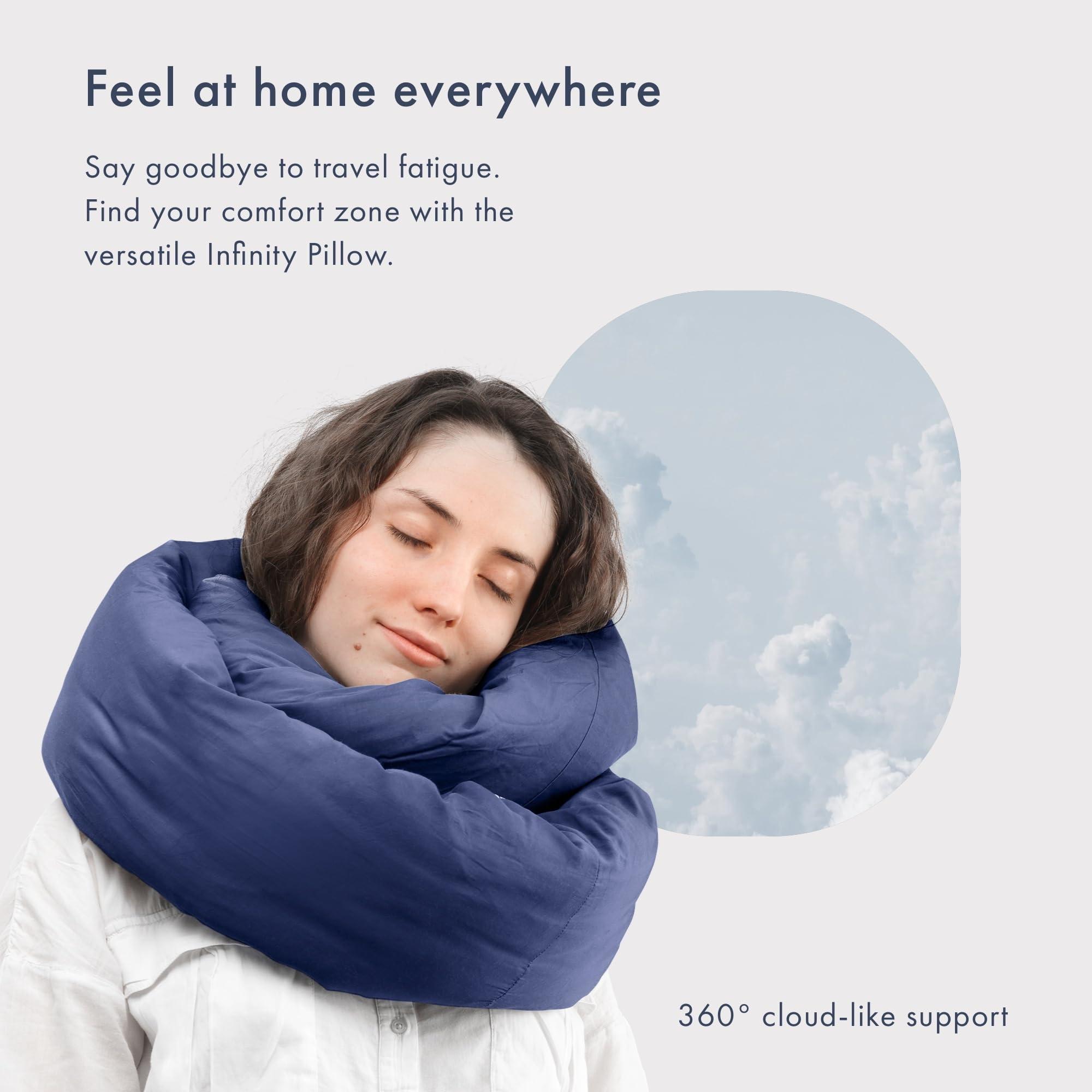 Huzi Infinity Pillow navy side view highlights wearable cloud-like softness.