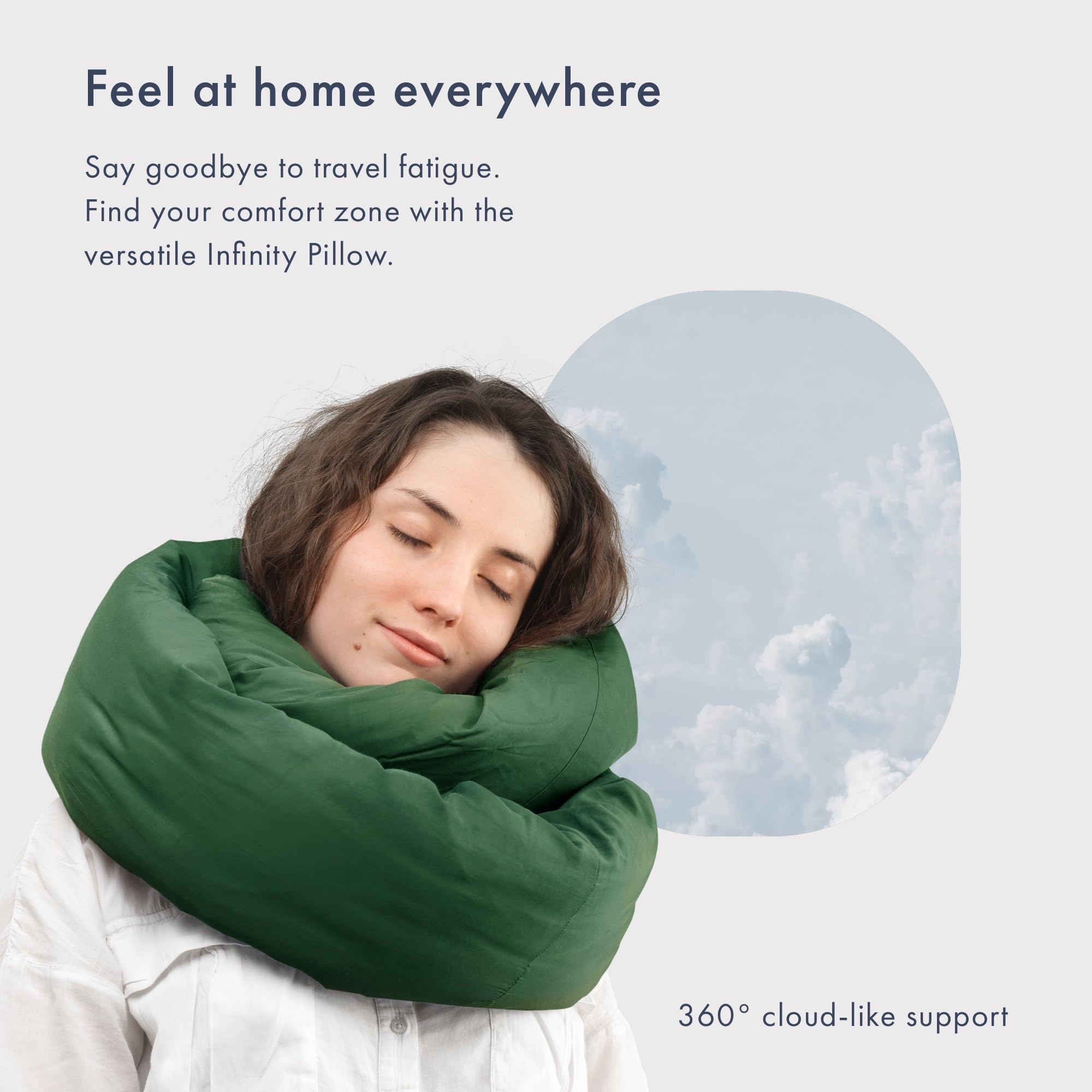Huzi Infinity Pillow travel neck design keeps neck aligned on long trips.