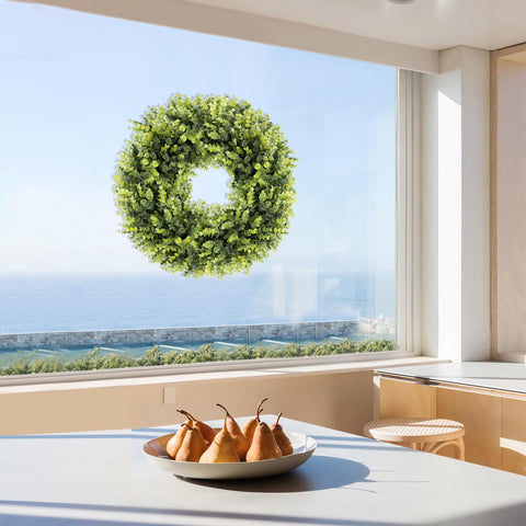 HUZIYAHAN boxwoods wreath window decor adds subtle greenery indoors.