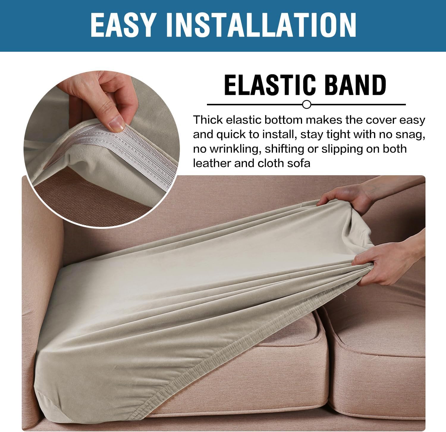 H.VERSAILTEX easy-install slipcover shows quick setup.