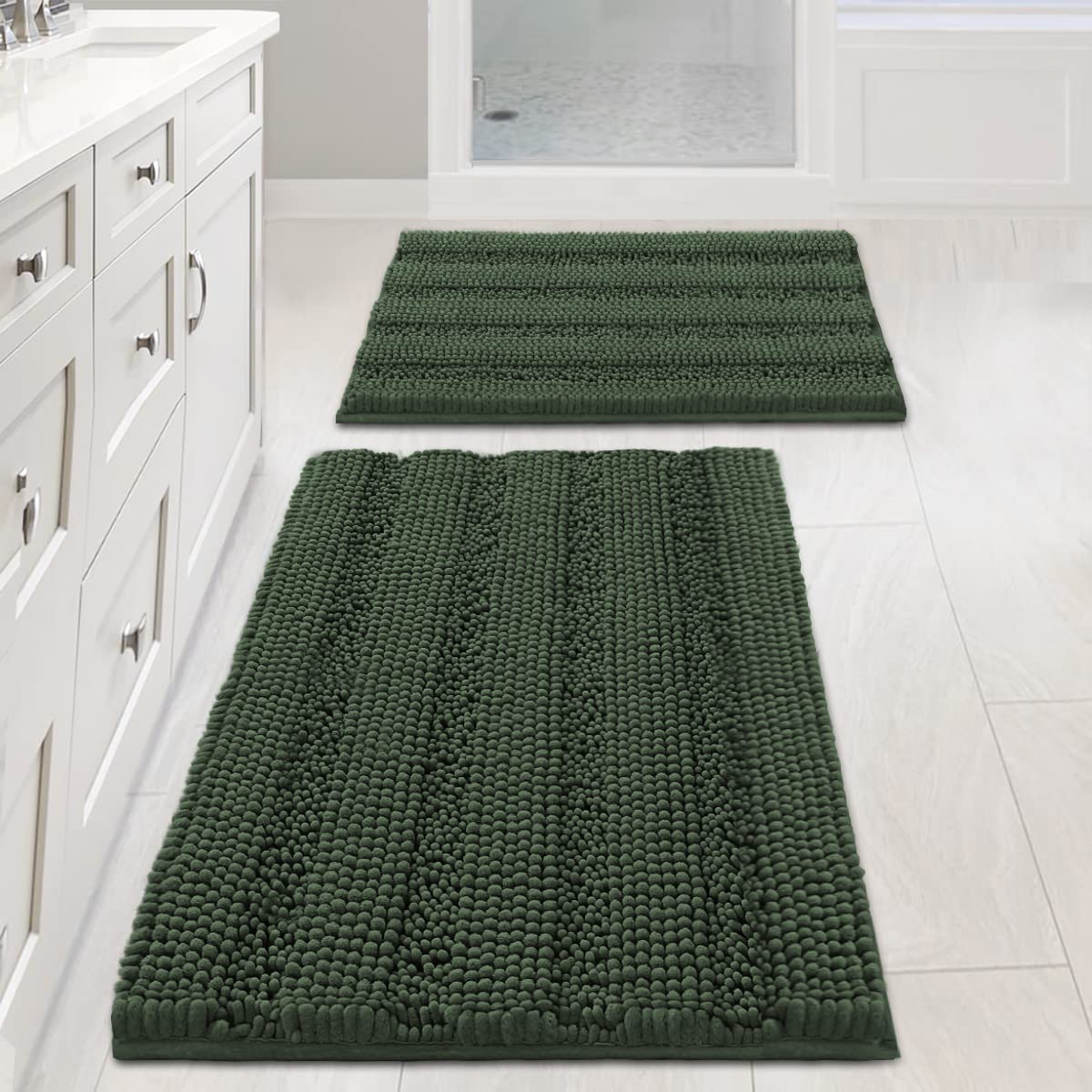 H.VERSAILTEX extra thick chenille bath rug bronze-green 32x20 provides plush comfort and warmth.