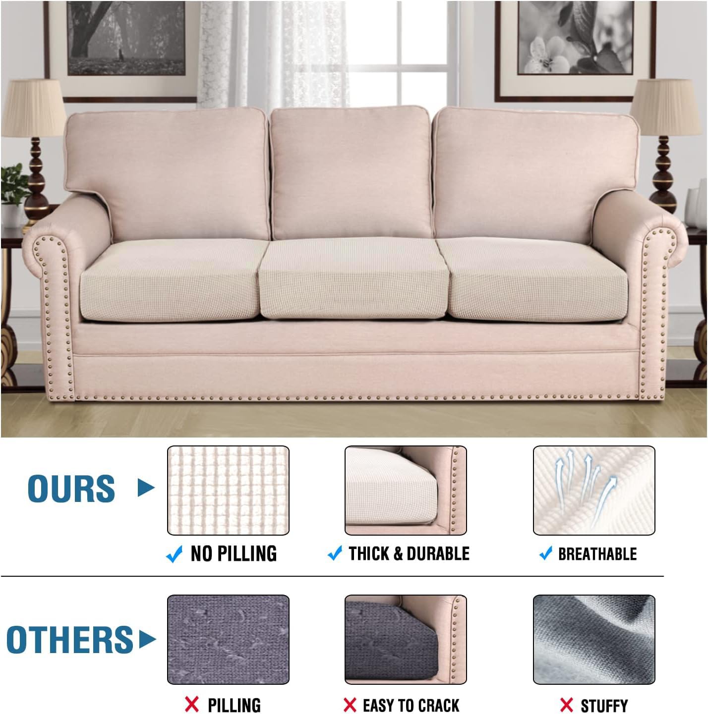 H.VERSAILTEX slipcover on sofa shows non-slip elastic edges
