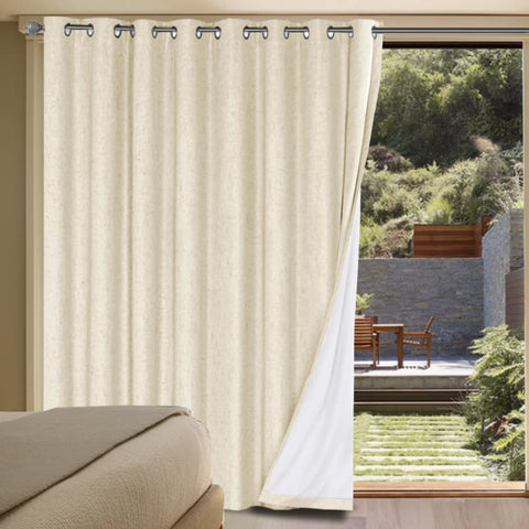 H.VERSAILTEX Linen Blackout Curtain in Bleached Sand blocks light and adds texture.